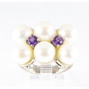 Sterling Silver Pearl Ring with Amethyst 4mm Pearls 7.5-8mm Size 7